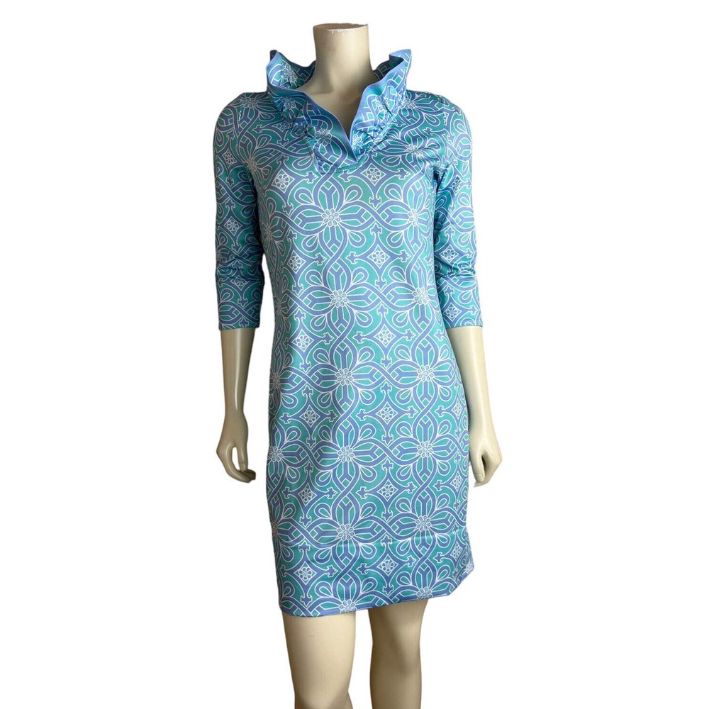 NEW Gretchen Scott Jersey Ruffneck Dress XS Piazza Blue Print 3/4 Sleeve Preppy